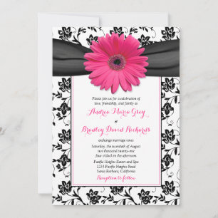 Convite de casamento Black White Damask Pink Daisy