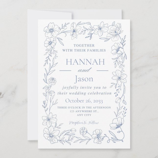 Convite de Casamento Blissful Blue Blooms (Frente)