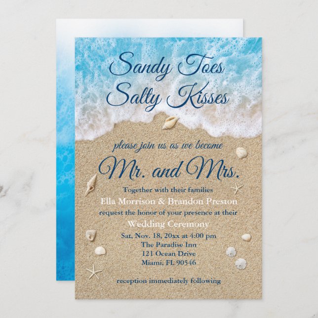 Convite de casamento Blue Beach Waves (Frente/Verso)