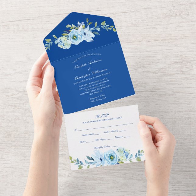 Convite de Casamento Blue Floral Greenery Tudo em  (Aba destacável)
