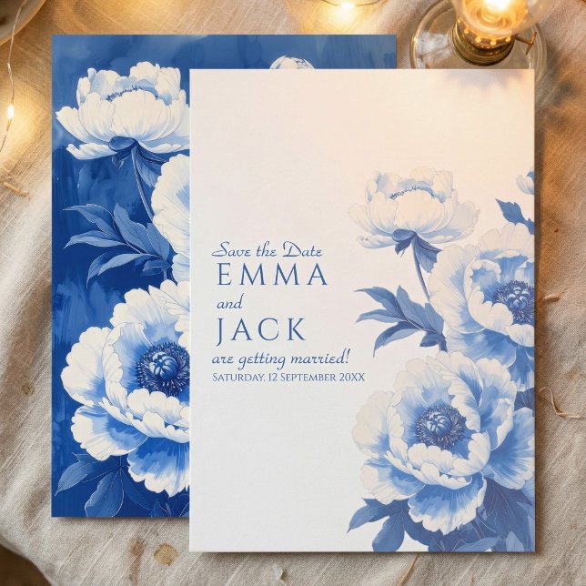 Convite de casamento Blue Peony Floral Save the Da (Blue Peony Floral Save the Date Wedding Invitation)