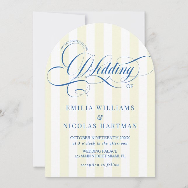 Convite de Casamento Blue Script com Listras Amare (Frente)