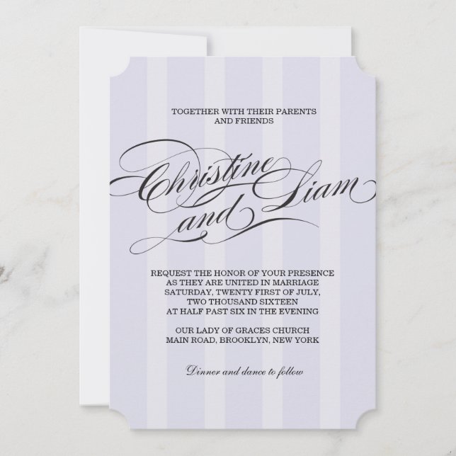 Convite de Casamento Blue Stripes Flourish Script (Frente)