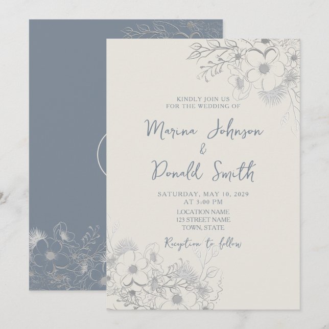Convite de Casamento Blue Wildflower Periwinkle (Frente/Verso)