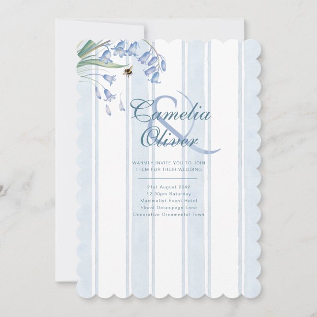 Convite de Casamento Bluebells Bees Floral Listras (Frente)