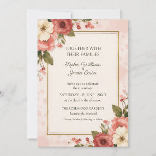 Convite de Casamento Blush Coral Poppy Gold Frame