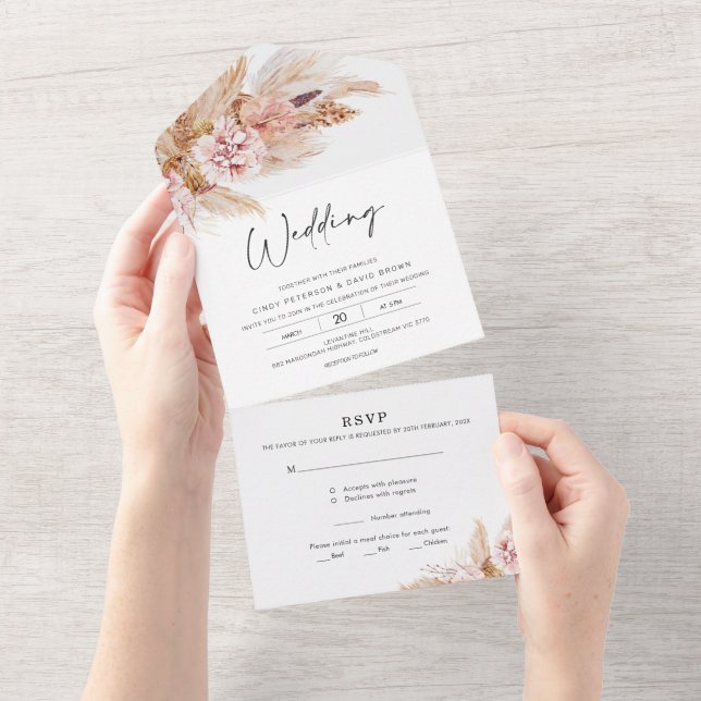 Convite de Casamento Blush Floral Boho Tudo em Um (Tearaway)