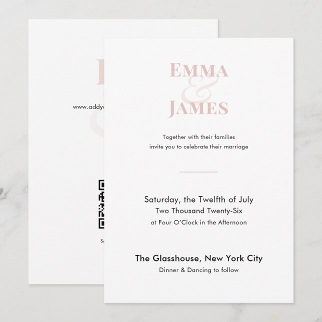 Convite de Casamento Blush Minimalista | Código QR (Frente/Verso)