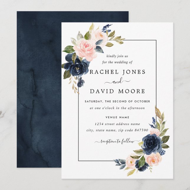 Convite de Casamento Blush Navy Floral Bloom (Frente/Verso)