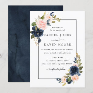 Convite de Casamento Blush Navy Floral Bloom