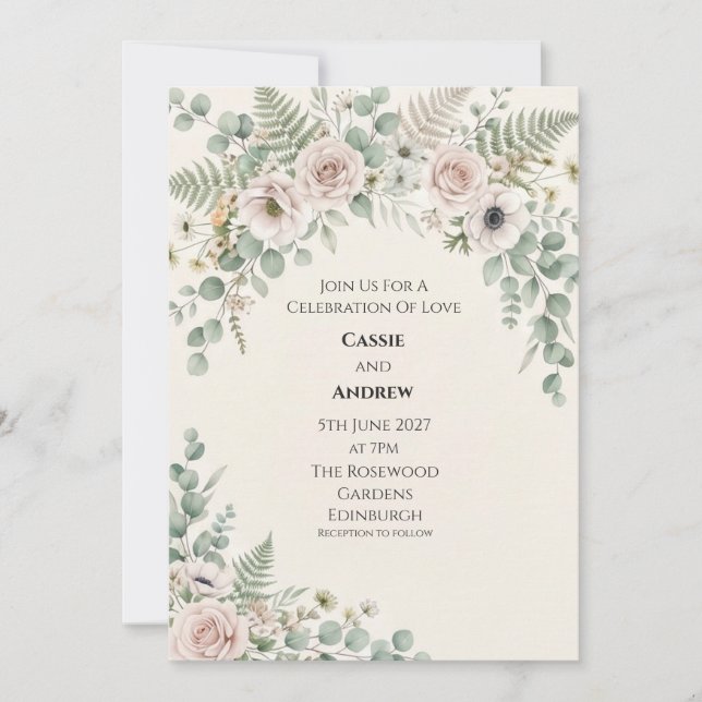 Convite de Casamento Blush Rosa Marfim Eucalipto S (Frente)