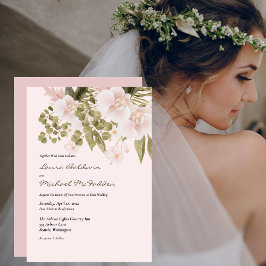 Convite de Casamento Blush Rosa, Verde, Estilo Boh