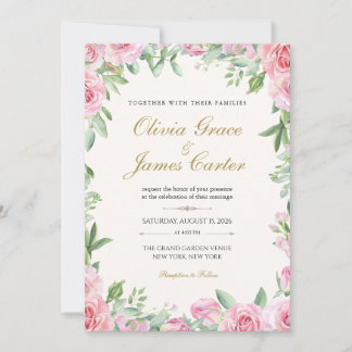 Convite de Casamento Blush Roses | Floral Editável