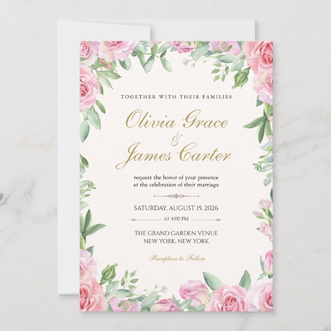 Convite de Casamento Blush Roses | Floral Editável (Frente)