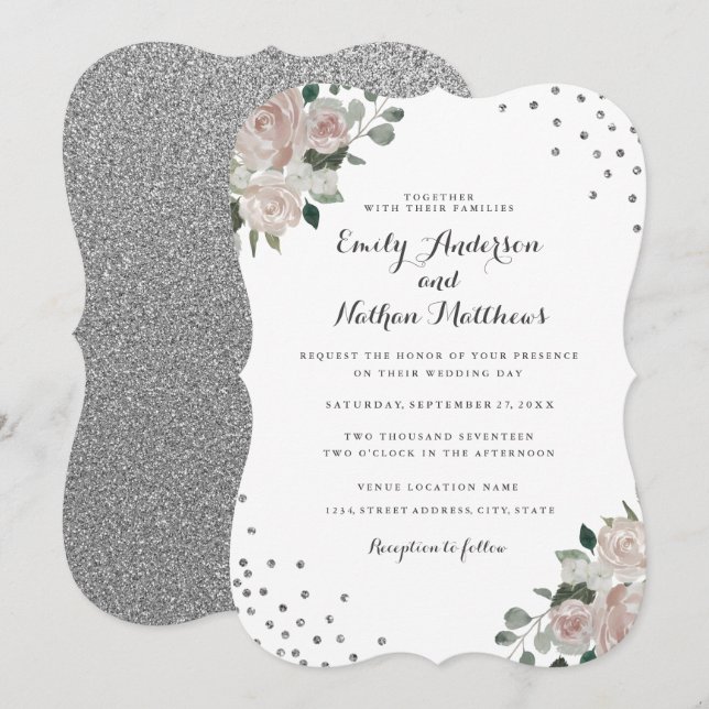 Convite de Casamento Blush Silver Floral Confetti (Frente/Verso)