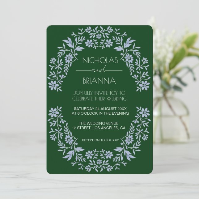 Convite de Casamento Boêmio de Flor Silvestre Verd (Em pé/Frente)