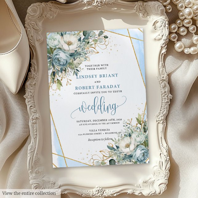 Convite de casamento Bohemian Dusty Blue Dourado P (Bohemian Dusty Blue Gold Peonies Wedding Invite)