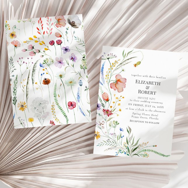 Convite de Casamento Boho Aquarela Flor Silvestre (Boho Watercolor Wildflower Wedding Invitation on a sunny neutral dry palm leaf.)