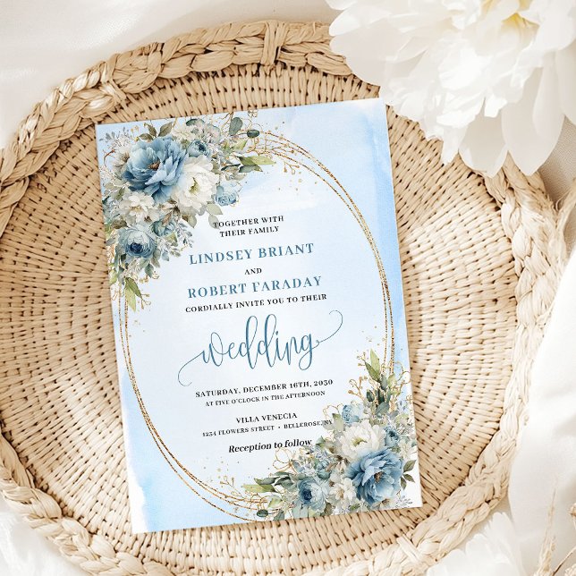 Convite de Casamento Boho Aquarela Flores Azuis Do (Boho Watercolor Blue Flowers Gold Wedding Invitation)