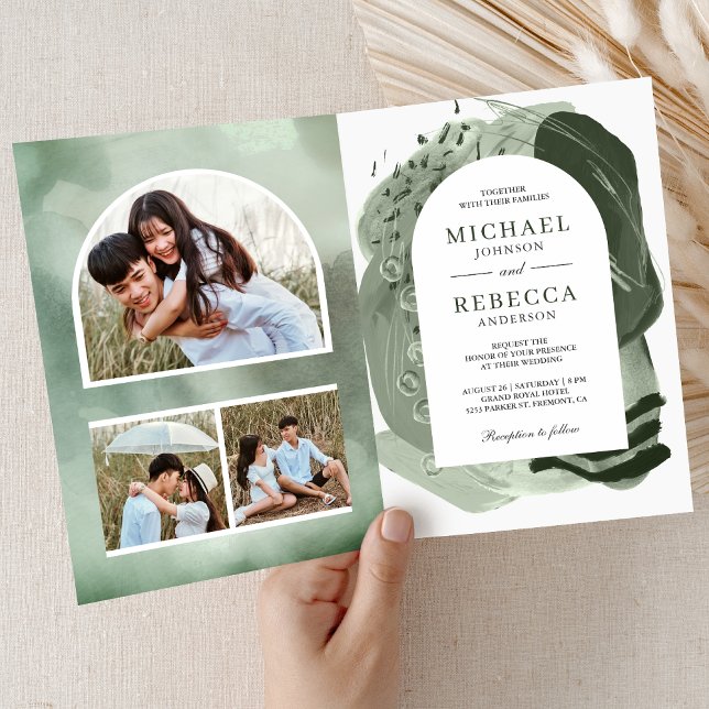 Convite de Casamento Boho Arch Verde Sage Pincelad (Criador carregado)