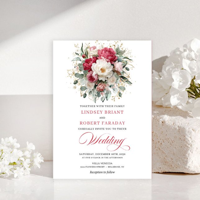 Convite de Casamento Boho Atemporal Carmesim Bege  (Timeless Boho Crimson Red Blush Gold Wedding Invitation)