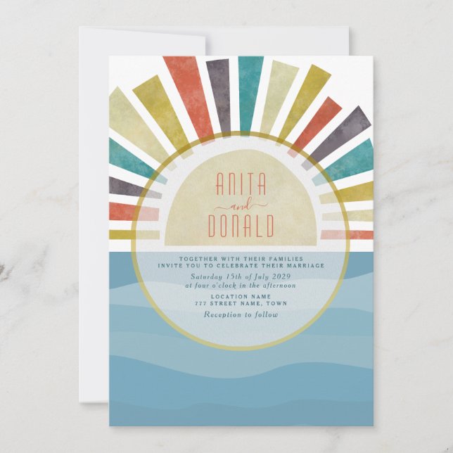 Convite de Casamento Boho Azul Praia (Frente)