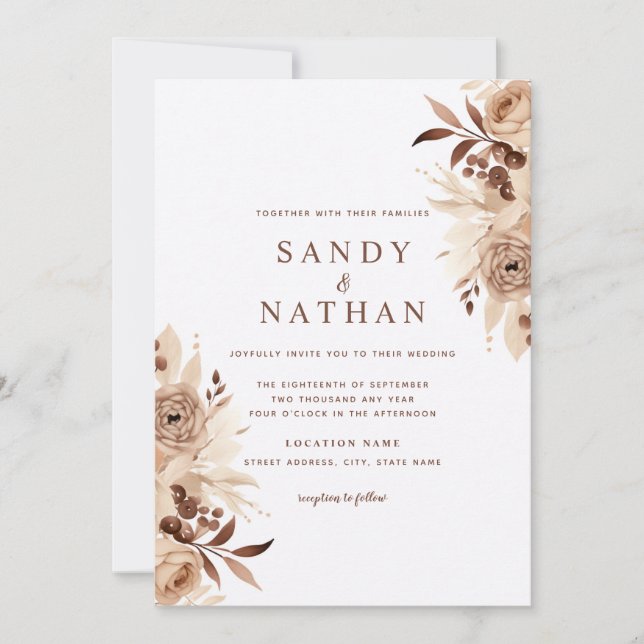 Convite de Casamento Boho Bege Floral (Frente)