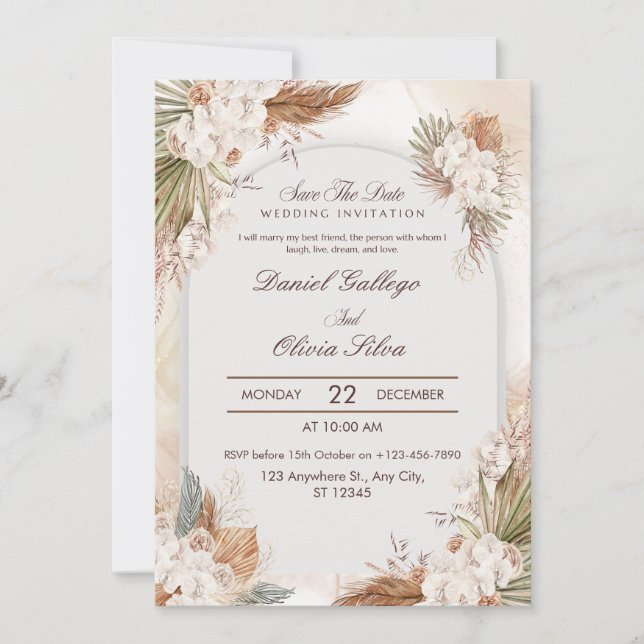 Convite de Casamento Boho Bege Floral Creme Tudo-e (Frente)