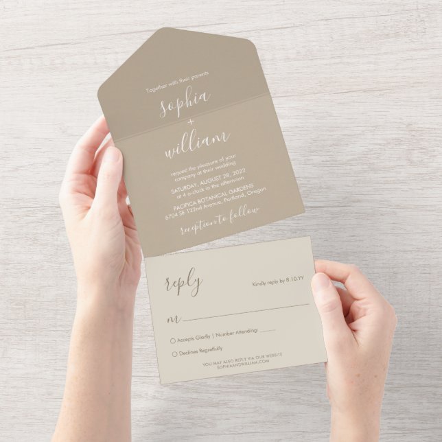 Convite de Casamento Boho Bege Tudo em Um (Aba destacável)
