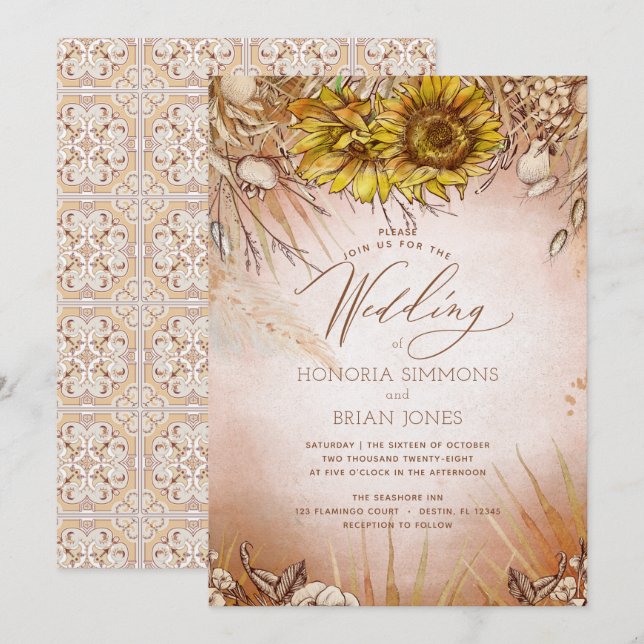 Convite de Casamento Boho Beleza Girassol (Frente/Verso)