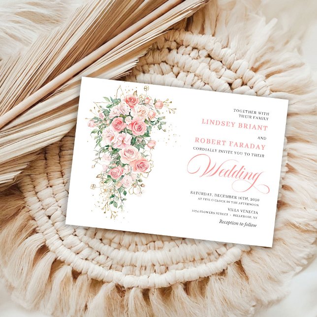 Convite de Casamento Boho Blush Rosas Folhagem Dou (Boho Blush Roses Greenery Gold Wedding Invitation)