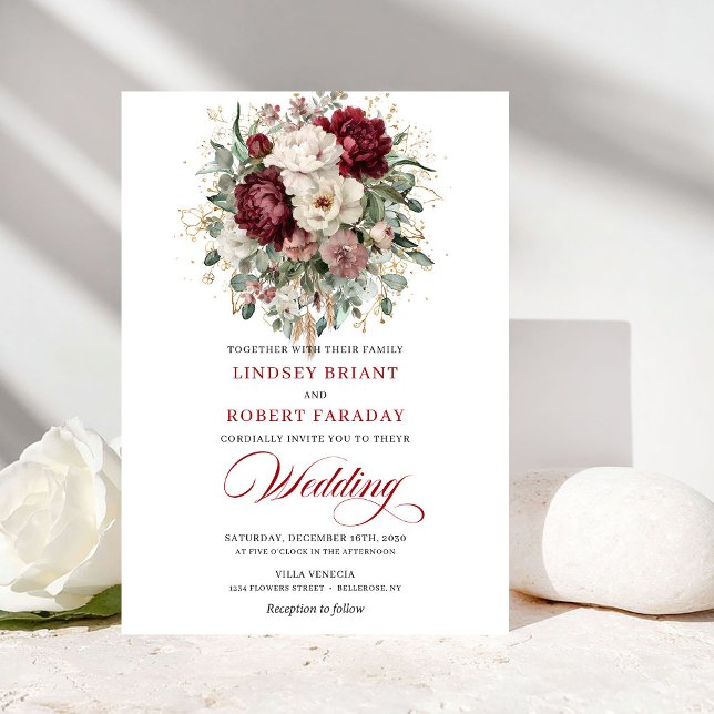 Convite de Casamento Boho Burgundy e Flores Branca (Boho Burgundy and White Flowers Wedding Invitation)