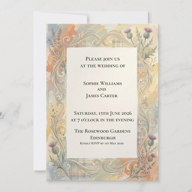 Convite de Casamento Boho Cardo Escocês (Frente)
