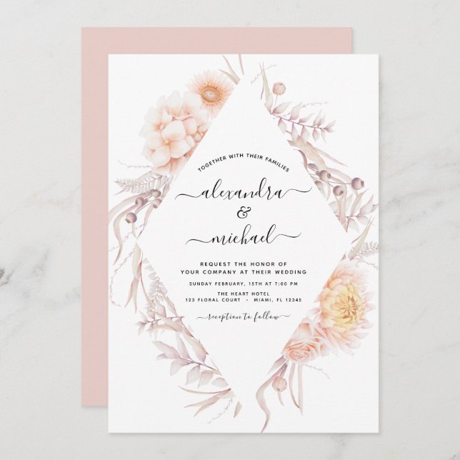 Convite de Casamento Boho Chic Rosa Po dusty (Frente/Verso)