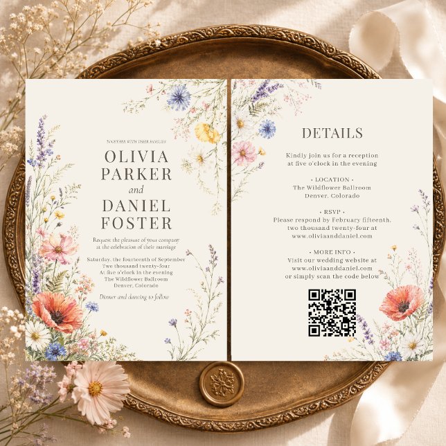 Convite de Casamento Boho Código QR Flor Silvestre (Criador carregado)