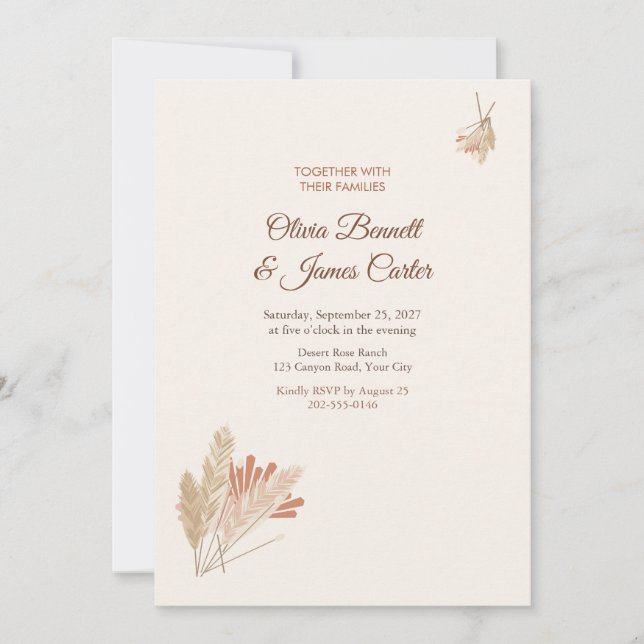 Convite de Casamento Boho com Grama das Pampas (Frente)