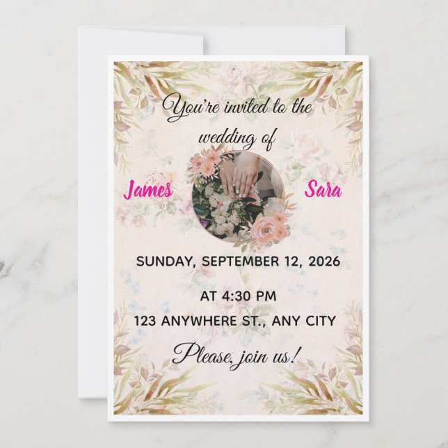 Convite de Casamento Boho com Grama das Pampas e F (Frente)