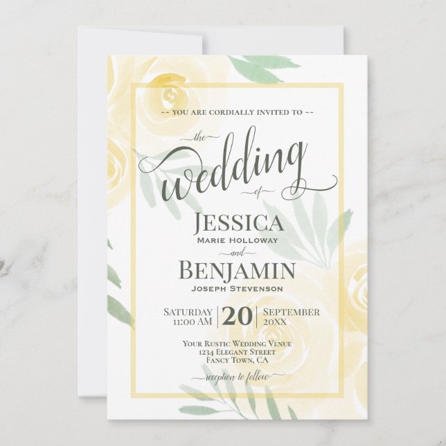 Convite de Casamento Boho com Rosas Amarelas ou Do (Frente)