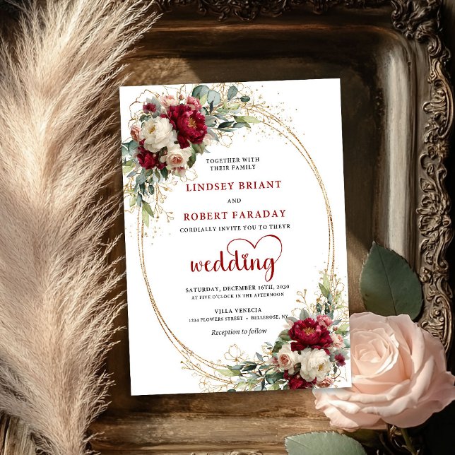 Convite de Casamento Boho Dourado Floral Rosa Borg (Burgundy Blush Floral Gold Boho Wedding Invite)