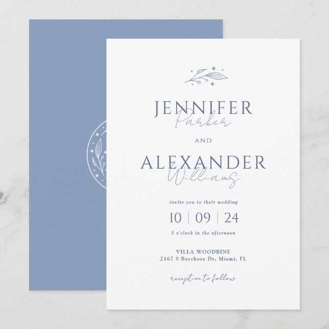 Convite de Casamento Boho Dusty Blue (Frente/Verso)
