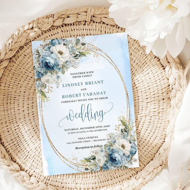 Convite de Casamento Boho Dusty Blue Floral Dourad (Boho Dusty Blue Floral Gold Wedding Invite)