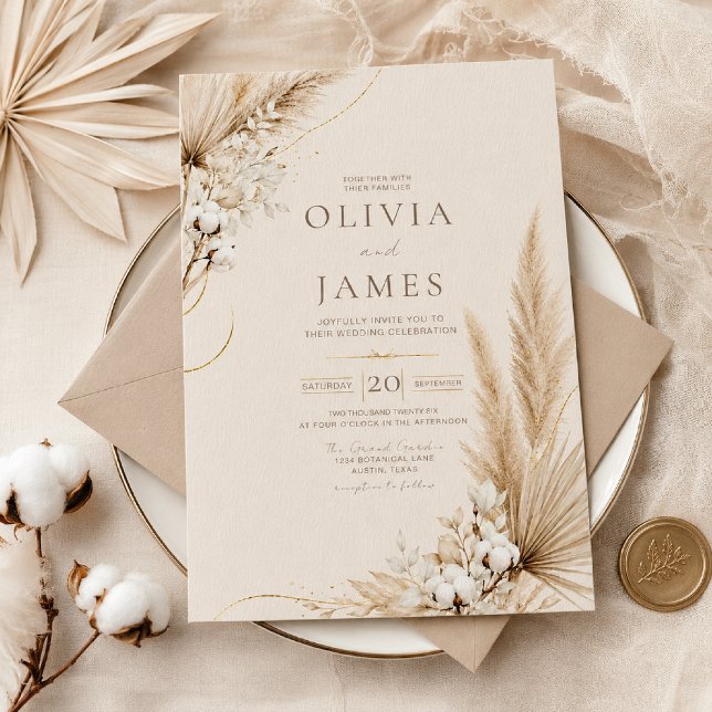 Convite de Casamento Boho Elegância Pampas Neutro (Criador carregado)