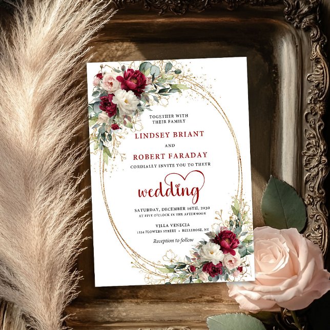 Convite de Casamento Boho Elegante com Floral Burg (Burgundy Floral Elegant Boho Wedding Invitation)
