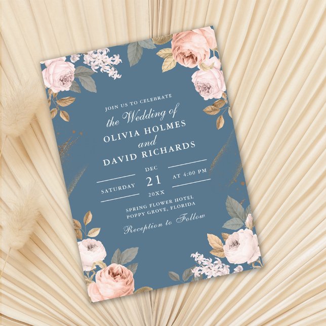 Convite de Casamento Boho Elemental Blue Peonies (Boho Elemental Blue Peonies Wedding Invitation on dry palm leaf.)