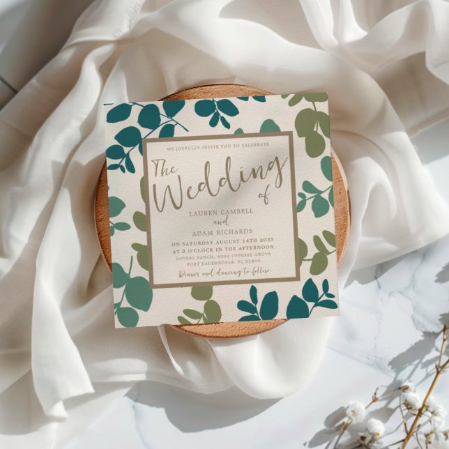 Convite de Casamento Boho Eucalipto Verde e Dourad (Criador carregado)