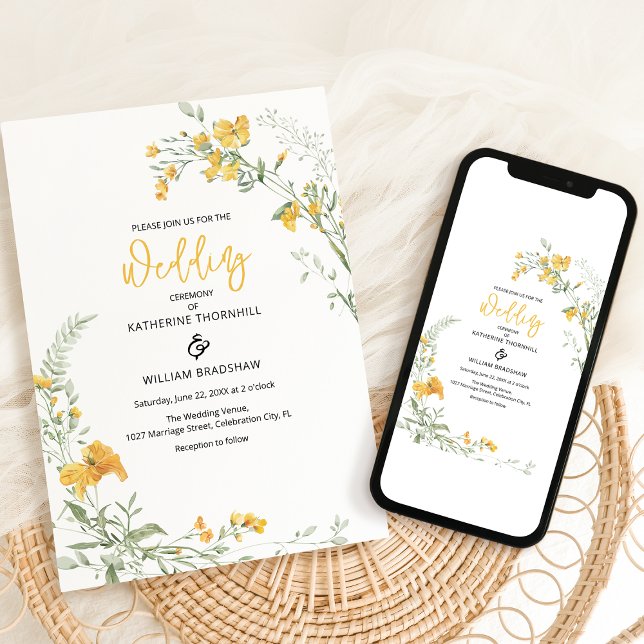 Convite de Casamento Boho Floral Amarelo Elegante (Criador carregado)