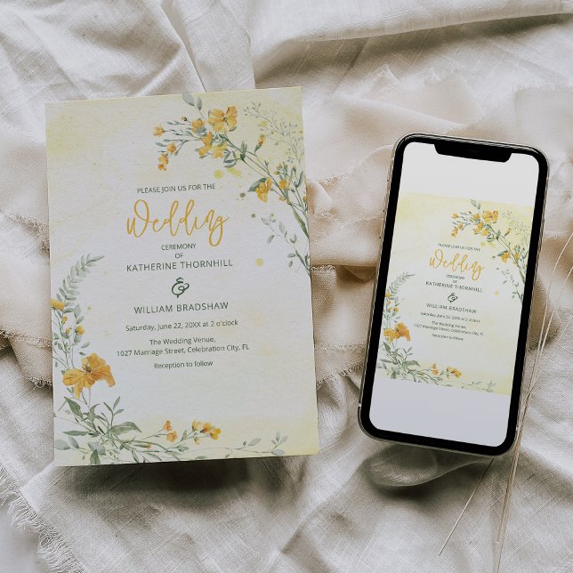 Convite de Casamento Boho Floral Amarelo Elegante (Criador carregado)