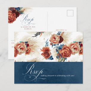 Convite de Casamento Boho Floral Azul Marinho Terr
