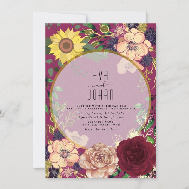 Convite de Casamento Boho Floral Burgundy Rosa (Frente)