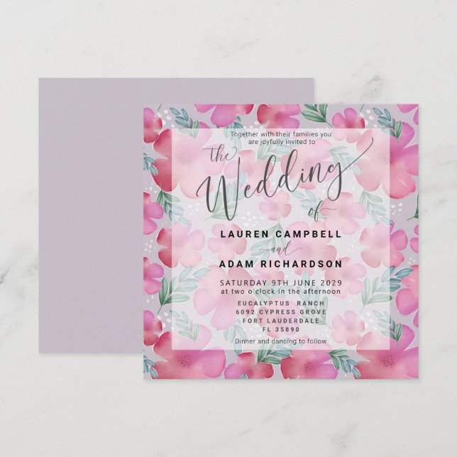 Convite de Casamento Boho Floral Rosa Água-marinha (Frente/Verso)